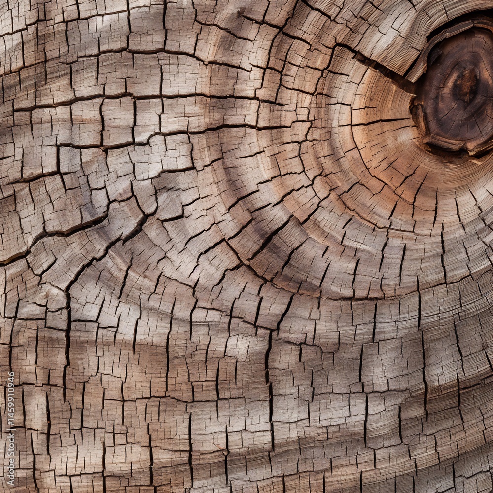 Fototapeta premium Detailed texture of weathered tree ring with knot, showcasing cracked timber