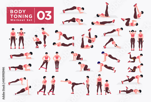 Women Workout Set. Women doing fitness and yoga exercises. Lunges, Pushups, Squats, Dumbbell rows, Burpees, Side planks, Situ ps, Glute bridge, Leg Raise, Russian Twist, Side Crunch .etc