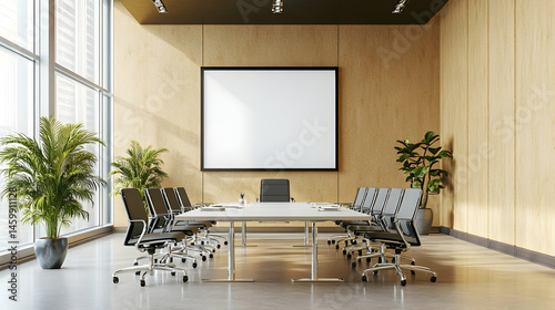 A modern conference room with a large blank frame on a wood wall, a long white table, and black chairs