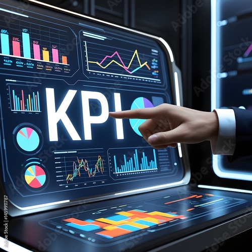 A hand points to the word KPI displayed prominently on a futuristic, high-tech dashboard filled with various charts, graphs, and data visualizations.