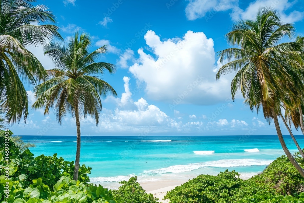 Fototapeta premium Tropical beach paradise with palm trees and clear blue ocean under a sunny sky
