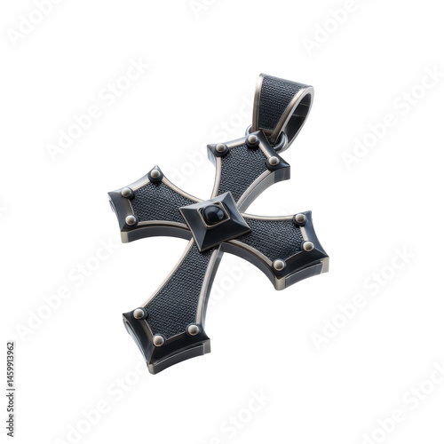 Black and silver cross pendant with textured surface and metallic accents, designed for necklace. pendant features loop for attaching to chain, showcasing modern and stylish look