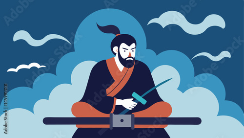Resting Samurai A samurai seated on a wooden bench looks relaxed as he holds a smartphone in one hand lightly resting his other hand on the hilt of his katana. Behind him stylized