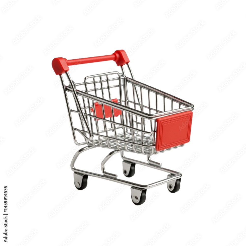 Miniature shopping cart with red handle on a white background Miniature shopping cart with red handle on a white background
