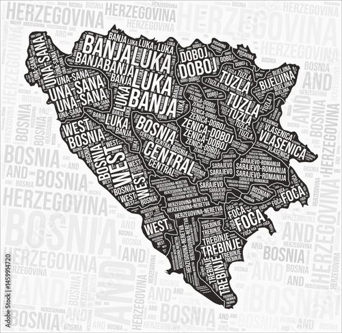 Bosnia and Herzegovina regions map word cloud. Bosnia and Herzegovina region names. Black and white map design. Artistic vector illustration.