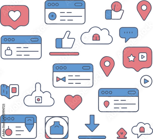 A collection of colorful social media icons and web elements on a white background