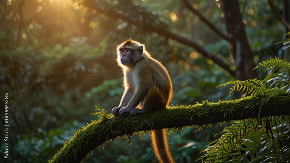 Obraz premium Monkey perched on branch in lush forest at sunrise