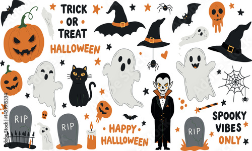 Retro Halloween characters. Cartoon festive atmosphere with creepy ghost, funny pumpkin, vampire, moon, bat, black cat. Scary decorations. Happy Halloween