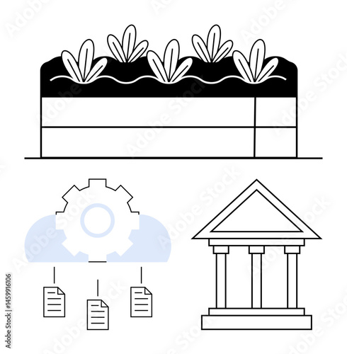 Raised garden bed with plants, cloud gear linking data files, and a classical building. Ideal for sustainability, agriculture, digital transformation, governance, innovation, technology education