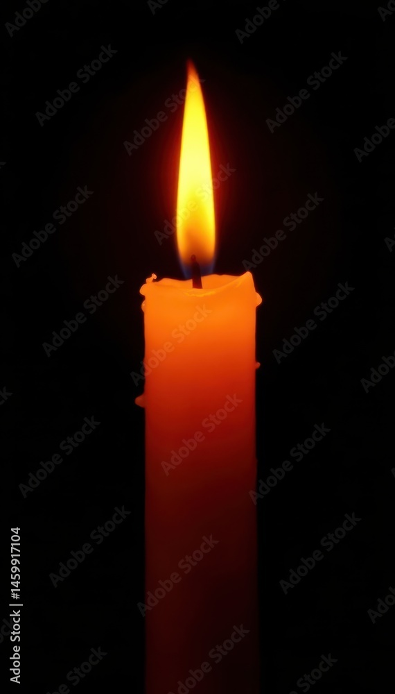 Fototapeta premium Isolated flickering candle flame, bright orange and yellow against a pure black background , dark, hope