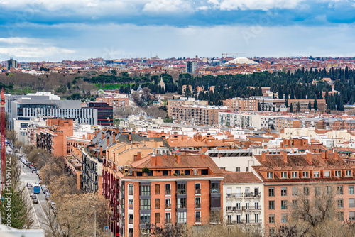 View with the densely packed apartment buildings of residential area in Madrid.