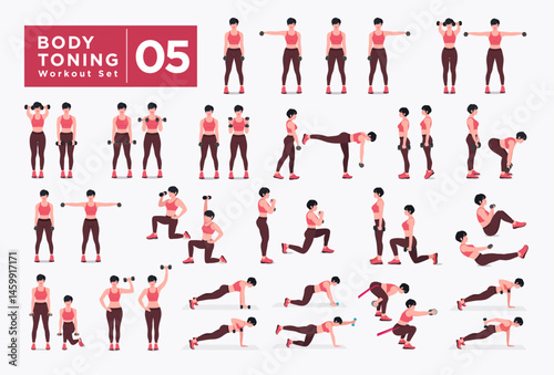 Women Workout Set. Women doing fitness and yoga exercises. Lunges, Pushups, Squats, Dumbbell rows, Burpees, Side planks, Situ ps, Glute bridge, Leg Raise, Russian Twist, Side Crunch .etc