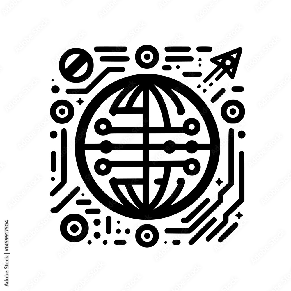 Fototapeta premium Global Network Icon: Digital Circuitry & World Symbol, Tech Design