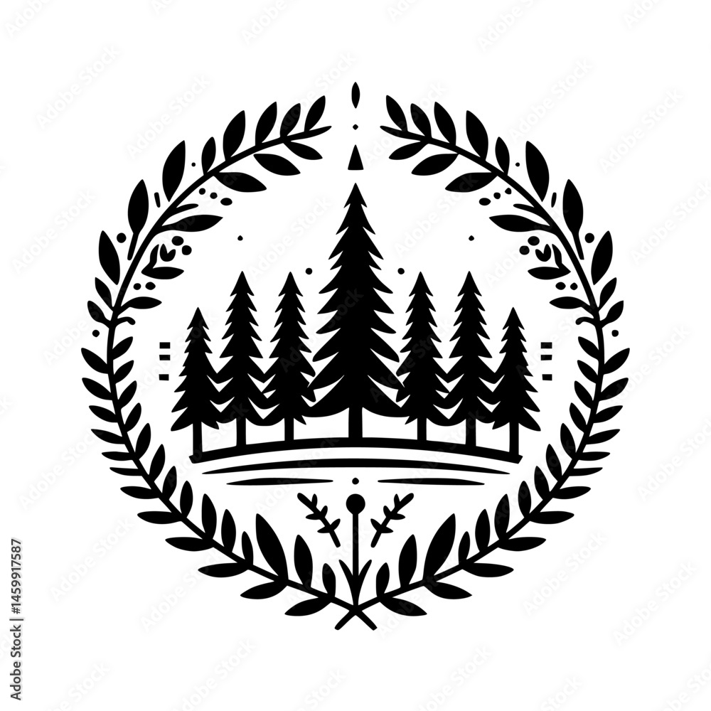 Fototapeta premium Forest Silhouette Crest: Black and White Emblem, Nature Inspired Design
