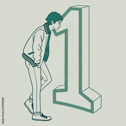 Stylized young man leaning on number one, minimalistic design, muted colors, copy space