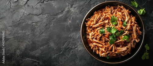 Pulled pork with garnish in bowl on right side of textured dark background