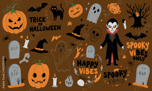 Retro Halloween characters. Cartoon festive atmosphere with creepy ghost, funny pumpkin, vampire, moon, bat, black cat. Scary decorations. Happy Halloween