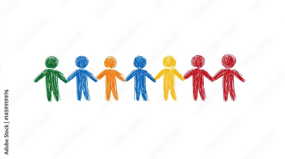 Unity and Diversity: Colorful People Holding Hands, Illustrating Harmony and Togetherness. Unity and Diversity: Colorful People Holding Hands, Illustrating Harmony and Togetherness.