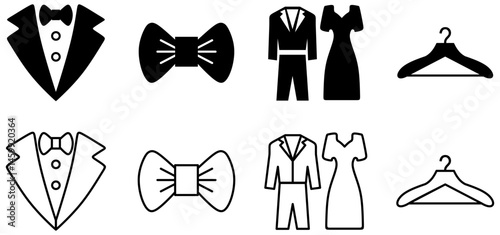 Event dress code thin line icon set. Containing clothes, shirt, suit, tie, hanger for fashion, wedding, ceremony, celebration, festival and other. Vector illustration.