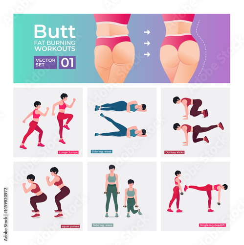 Advanced Level - Glute Exercises Set. Buttocks workout vector Set. Women doing fitness exercises.
