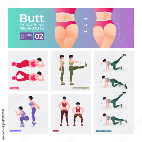 Advanced Level - Glute Exercises Set. Buttocks workout vector Set. Women doing fitness exercises.