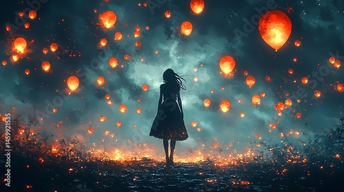 Silhouette of a Person Under Floating Orange Lanterns in a Pixelated Dark Blue Sky and City Landscape Digital Art