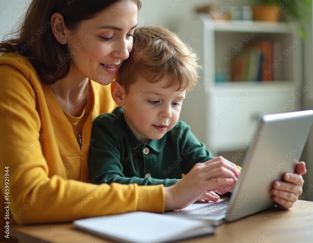 Mother assists son 6-7 using digital tablet. Homeschooling, modern education concept at home. Remote learning, child enjoys online class. Wireless tech usage, family lifestyle. Mother assists son 6-7 using digital tablet. Homeschooling, modern education concept at home. Remote learning, child enjoys online class. Wireless tech usage, family lifestyle.
