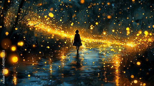 Silhouette of a Person Walking on a Glowing Path in a Dark Forest Digital Sketch