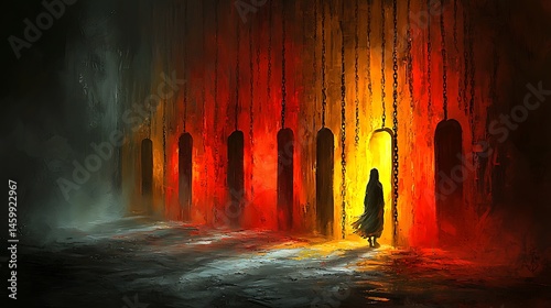 Silhouette of a Person Walking Through Dark Monochromatic Abstract Gothic Tunnel with Red and Orange Light Digital Painting