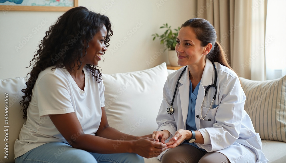 Elderly People in Conversation with Doctor Comforting in Home Setting