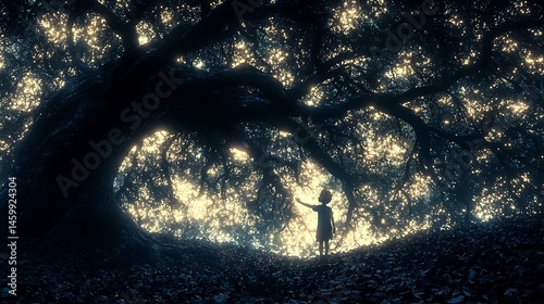 Silhouette of Child Standing Under a Large Tree Illuminated with Glowing Lights in a Dark Mysterious Night Fantasy Conceptual Art