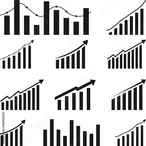 Business graph showing growth Silhouette. Economic data analysis concept SVG. Financial Charts and Graphs Illustrating Business Growth and Data Analysis, 