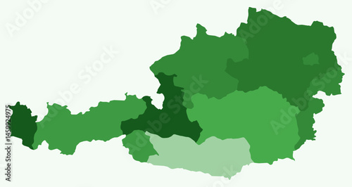 Map of Austria with regions. A simple country border map with region division. Green color palette. Flat Austria shape with administrative division. Vector illustration.