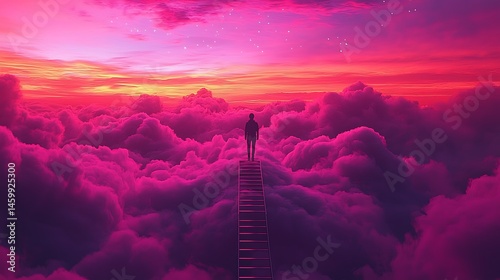 Silhouette of Person Ascending Stairway Amidst Pink Clouds at Sunset Dreamlike Journey with a Tranquil Sky and Ethereal Atmosphere