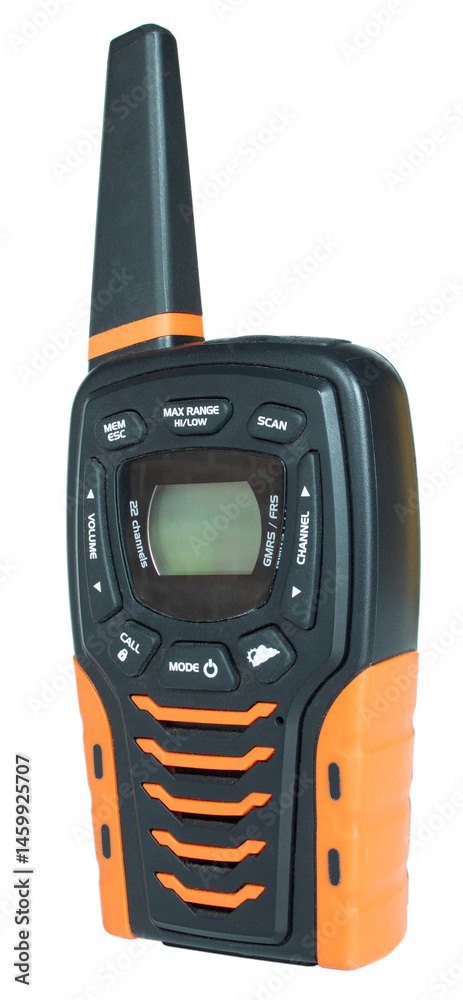 Walkie-talkie that works on the FRS and GMRS frequencies with black and orange color