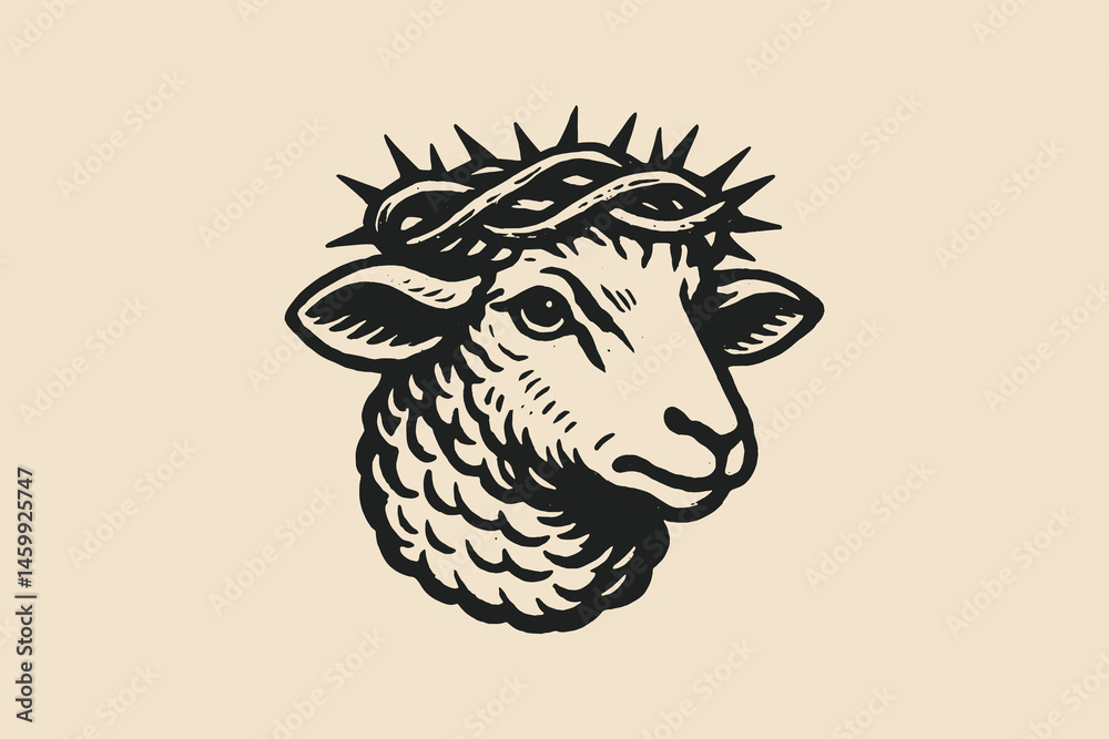 lamb with crown of thorns, vintage engraving emblem style