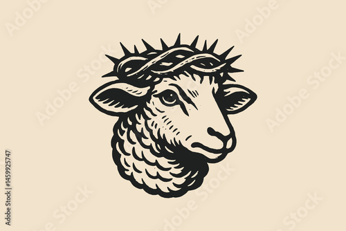 lamb with crown of thorns, vintage engraving emblem style