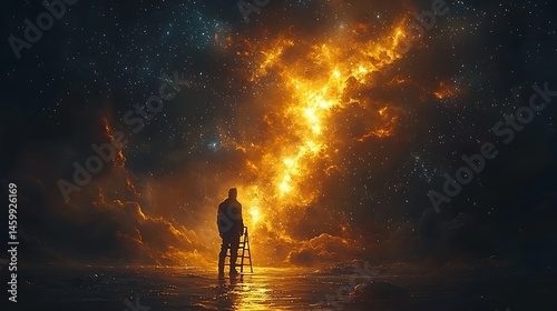 Silhouette of Person on Chair Gazing at Fiery Nebula and Starry Sky in a Dreamlike Digital Art Landscape