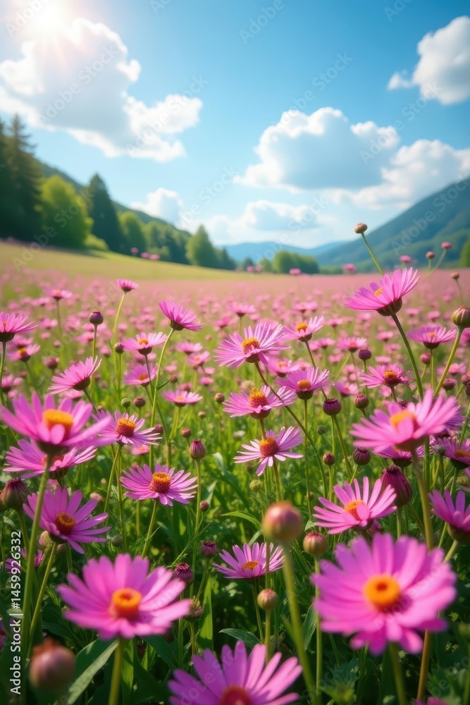 Obraz premium A stunning expanse of pink and purple wildflowers blankets a sunny field , photo, vibrant, sky