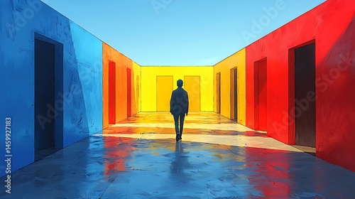 Silhouette of Person Walking Through a Long Hallway with Blue Red and Yellow Doors Modern Architecture with Strong Perspective