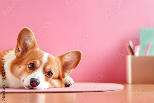 A corgi dog lying on a mat against a pink wall, conveying a sense of calm and cuteness.