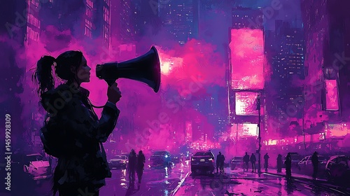 Silhouette of Woman with Megaphone in a Pixelated Purple Cityscape at Night with Crowds and Neon Buildings