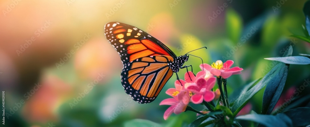 Obraz premium A stunning butterfly gracefully rests on a vibrant pink flower, showcasing its colorful wings. This nature scene captures the beauty and tranquility of the outdoors.