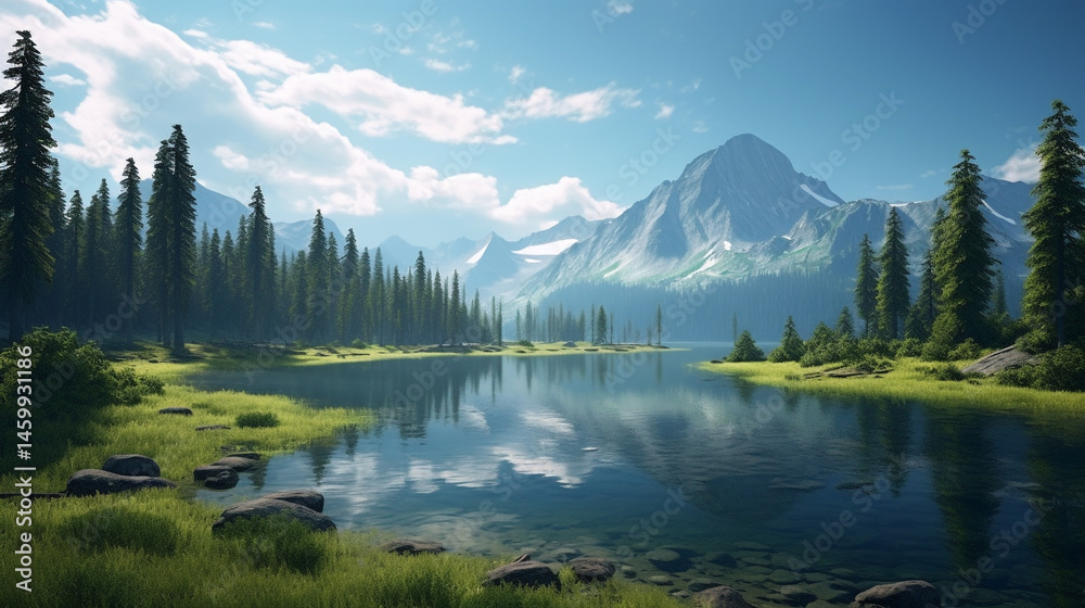 Calm lake surrounded by a forest with mountains in the background under a cloudy sky on a sunny day Calm lake surrounded by a forest with mountains in the background under a cloudy sky on a sunny day