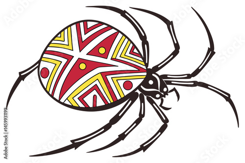 22 Stylized spider illustration, geometric patterns, red and yellow abdomen, black legs, tribal design, symmetrical, vector art, bold colors, arachnid logo, minimalist, clean lines, graphic design, st
