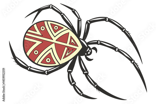 22 Stylized spider illustration, geometric patterns, red and yellow abdomen, black legs, tribal design, symmetrical, vector art, bold colors, arachnid logo, minimalist, clean lines, graphic design, st