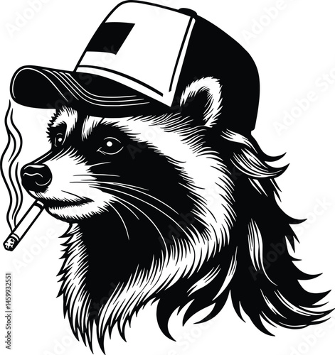 Raccoon in a mullet trucker cap smoking a cigarette