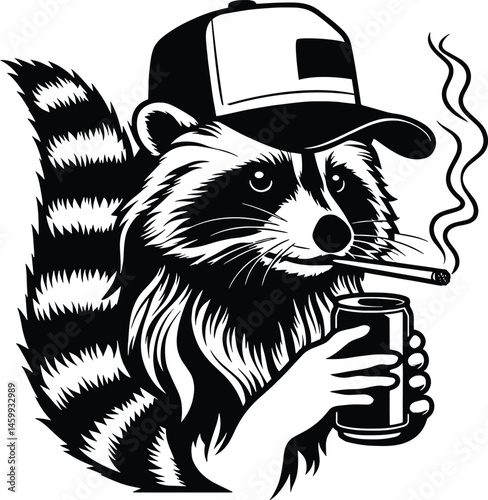 Cool Raccoon in a mullet trucker hat Enjoying a Drink and Cigarette