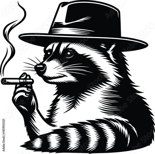 Raccoon smoking a cigar and wearing a hat, black and white silhouette