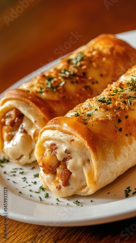 Golden-brown tortilla wraps filled with melted cheese and chicken, garnished with herbs in a cozy kitchen illuminated by sunlight